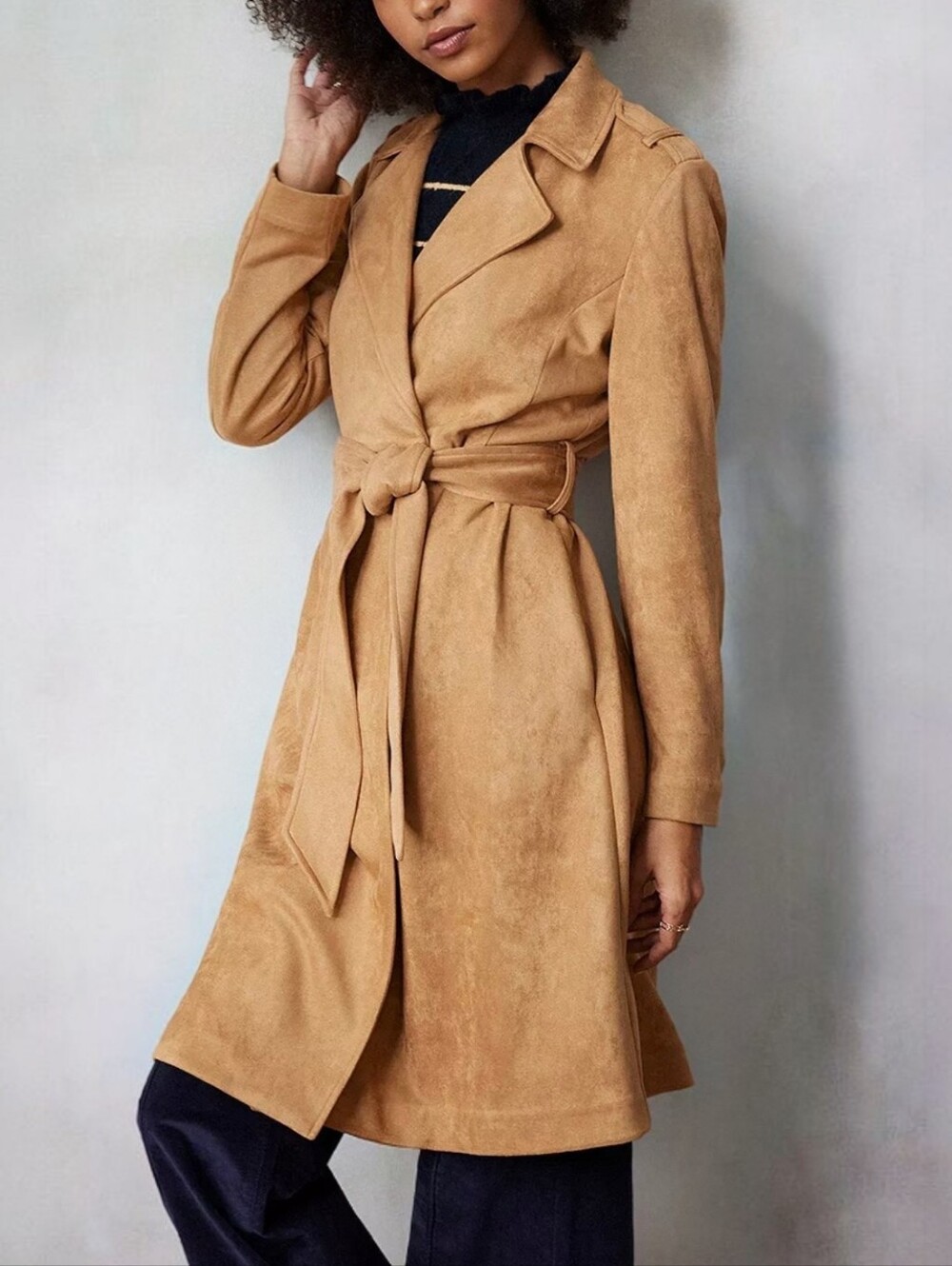 LC Lauren Conrad Faux Suede Long Camel Tan Belted Wrap Trench Coat XXL Preppy